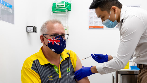 Prime Minister Scott Morrison receiving the COVID-19 vaccine.