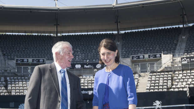 Tennis great Ken Rosewall with Premier Gladys Berejiklian.