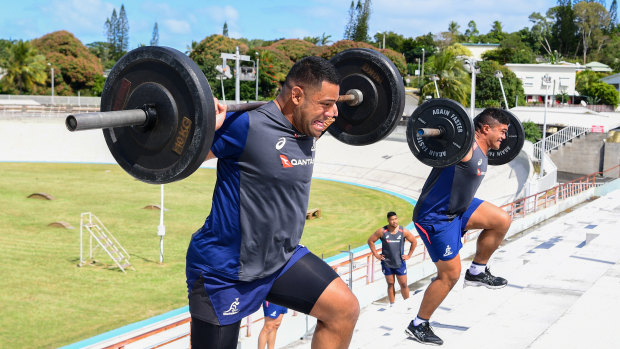 Scott Sio and Jordan Uelese get stuck into some tough training. 
