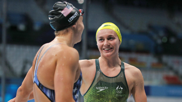 Ariarne Titmus and Katie Ledecky after their 400m freestyle final.
