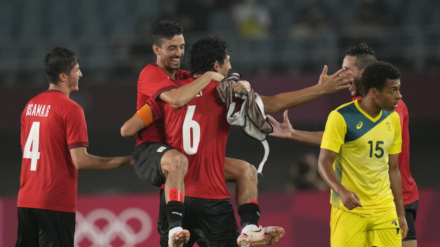 Egypt celebrate their 2-0 victory over the Olyroos in Sendai, Japan.