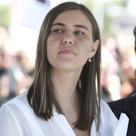 Brittany Higgins at the Women’s March 4 Justice at Parliament House in Canberra on Monday.