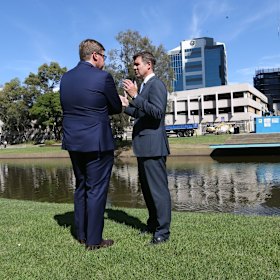 Then Deputy Premier and Minister for the Arts Troy Grant with then Premier Mike Baird at the newly announced location of the new Powerhouse Museum in Parramatta in 2016.