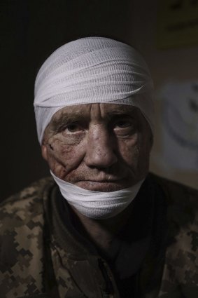Ukrainian soldier Oleh Nazarov at a medical stabilisation point in Bakhmut, Ukraine.
