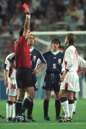 David Beckham saw red against Argentina at the same stage of the 1998 men’s World Cup.