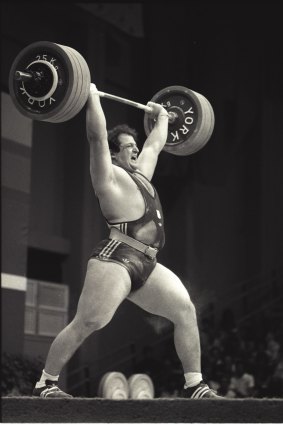 Dean Lukin winning Australia's first-ever gold medal in Olympic Weightlifting in the heavy-weight division on 9 August 1984.