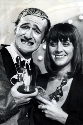 Norman Gunston (alias Garry McDonald) with Denise Drysdale after his 1976 Logie win.