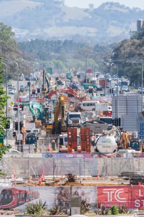 Light rail works up Northbourne Avenue from City Hill during peak construction in April.