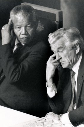 Nelson Mandela with Prime Minister Bob Hawke at a press conference in Canberra during Mandela's Australian visit.