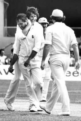 World Series Cricket at the Sydney Showground, Max Walker congratulates Ray Bright after a run out.  