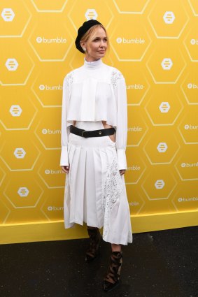 Cut-out queen ... Lara Worthington outside the Bumble marquee during the Lexus Melbourne Cup Day.