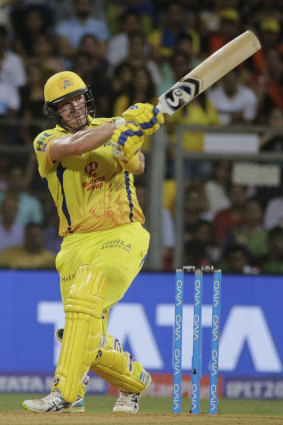 Chennai Super King's player Shane Watson bats against Sunrisers Hyderabad during the IPL final.