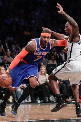 New York Knicks forward Carmelo Anthony (7) drives to the basket against Brooklyn Nets guard Rondae Hollis-Jefferson (24) in 2016.