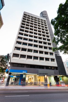 Brutalist architecture in Brisbane was modified by architects to incorporate sunshades and set-back windows to reduce the amount of sun entering the building, seen here at 420 George Street.