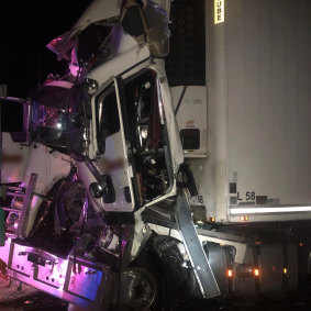 One of the trucks involved in the crash south of Miriam Vale on Friday morning.