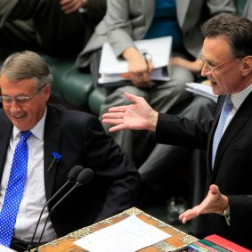 Former Treasurer Wayne Swan and Former Trade Minister Craig Emerson in 2012. They have said job cuts are not needed at Home Affairs to fund a pay rise for staff.