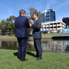 Then Deputy Premier and Minister for the Arts Troy Grant with then Premier Mike Baird at the newly announced location of the new Powerhouse Museum in Parramatta in 2016.