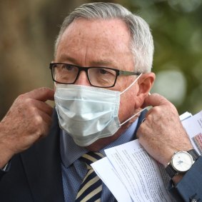 Health Minister Brad Hazzard dons a mask at Tuesday's coronavirus briefing. 