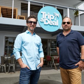 TripADeal co-founders Richard Johnston (left) and Norm Black at Byron Bay.  
