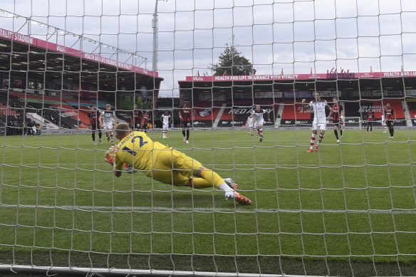 Bournemouth's goalkeeper Aaron Ramsdale saves a penalty during the clash against Southampton.