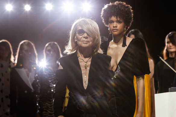 Carla Zampatti, in 2019, at her last show at Australian Fashion Week, which has named a runway space in her honour.