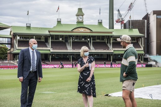 Cricket Australia interim chief executive Nick Hockley, Venues NSW chief executive Kerrie Mather, and Sydney Cricket Ground assistant curator Tom Fahey on Monday.