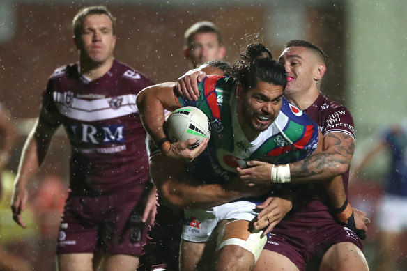 Tohu Harris charges the ball forward for the Warriors.