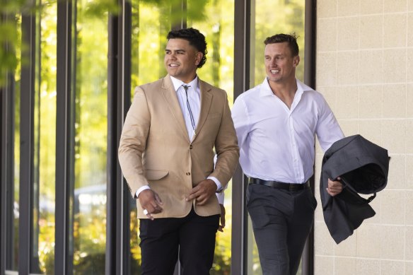 Latrell Mitchell and Jack Wighton, pictured outside court in Canberra this week, will unite for the first time in clubland.