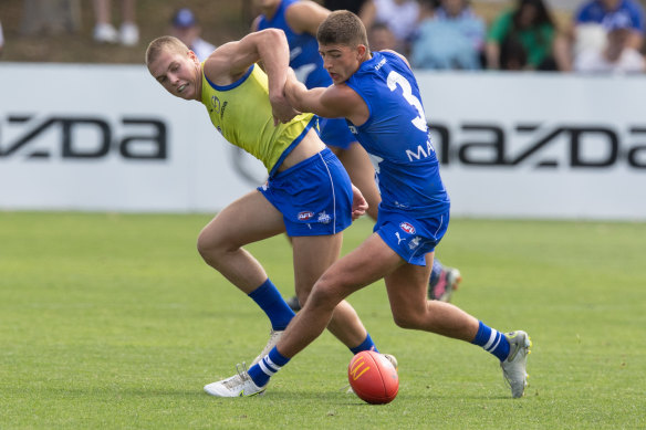 Harry Sheezel (right) in action on Saturday in North Melbourne’s intra-club match.