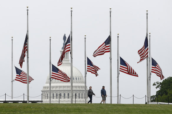 American flags flying at half-mast at the Washington Monument on May 22.