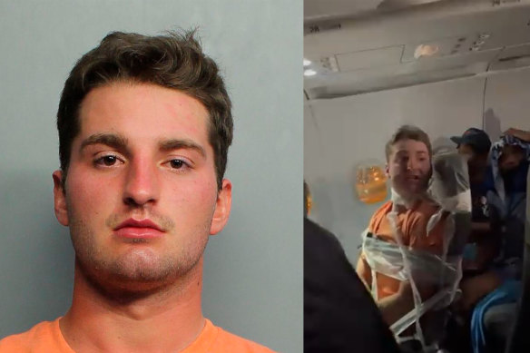 Maxwell Berry, 22, of Norwalk, Ohio, was arrested at Miami International Airport. He was earlier taped to his seat by flight staff due to unruly behaviour.