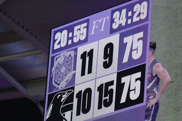 The clock shows an almost 35-minute quarter in last year’s draw between Collingwood and Fremantle.