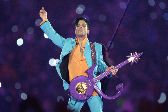 Prince performs during the halftime show at the Super Bowl in 2007.