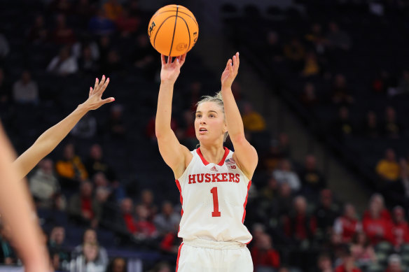 Nebraska guard Jaz Shelley fires off a shot.