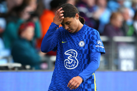 A disappointed Sam Kerr after being subsituted during Chelsea’s 3-0 Women’s FA Cup semi-final win over Manchester City.