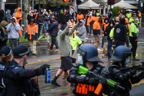 Protests at the Melbourne CFMEU headquarters last month.