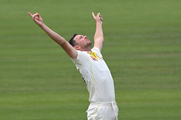 Josh Hazlewood celebrates the biggest wicket of the match - Ben Stokes’.