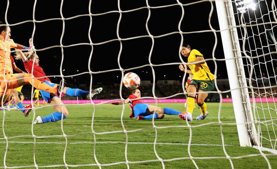 Sam Kerr scores during the Cup of Nations match against the  Czech Republic.