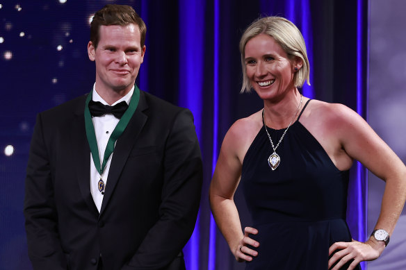 Steve Smith and Beth Mooney at the Australian Cricket Awards on Monday evening in Randwick, Sydney.
