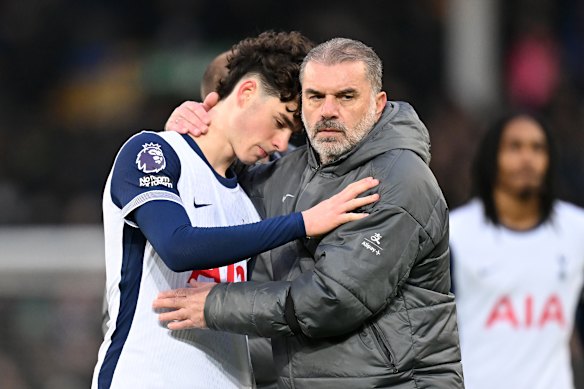 Ange Postecoglou shared a close bond with his Tottenham players, including Archie Gray (left).