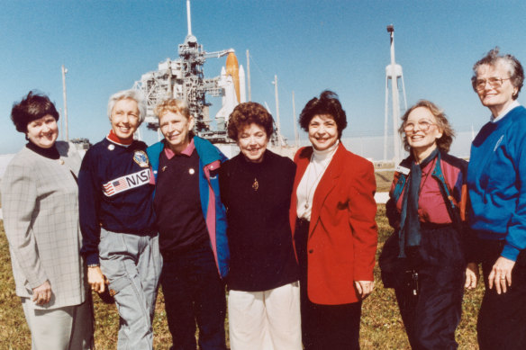 Members of the FLATs, also known as the Mercury 13, attend a shuttle launch in Florida in 1995. From left are Gene Nora Jessen, Wally Funk, Jerrie Cobb, Jerri Truhill, Sarah Rutley, Myrtle Cagle and Bernice Steadman.