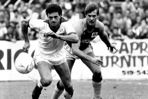 Arnold (left) playing for Sydney Croatia in 1985.