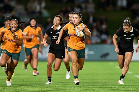 Desiree Miller makes a break for the Wallaroos against New Zealand last month.