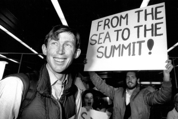 Tim Macartney-Snape arrives in Sydney after he successfully climbed Mt. Everest solo after starting from below sea level. A world first. June 1, 1990. 