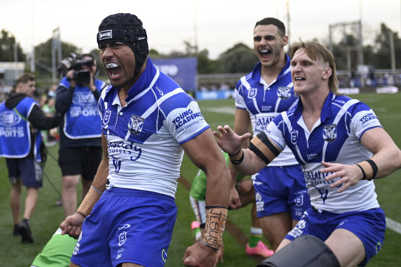 Stephen Crichton celebrates a try at beelmore last season.