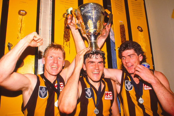 Andy Collins, Greg Dear and Gary Ayres after the 1989 grand final.