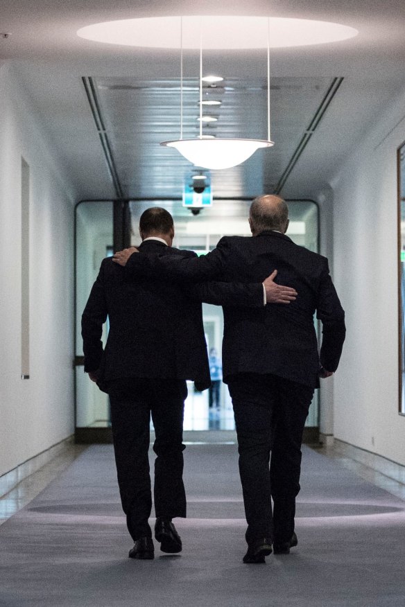 Incoming Prime Minister Scott Morrison and newly elected deputy leader of the Liberal Party Josh Frydenberg on August 24, 2018