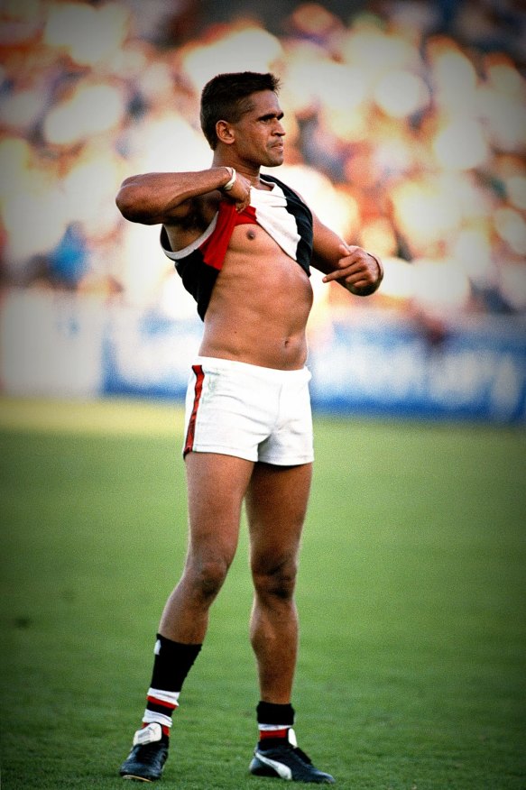 Nicky Winmar’s famous stand at Victoria Park in 1993 after he was racially abused by Collingwood supporters, immortalised in Ludbey’s photograph.