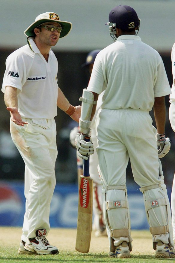 Slater confronts India’s Rahul Dravid in 2001 in Mumbai.