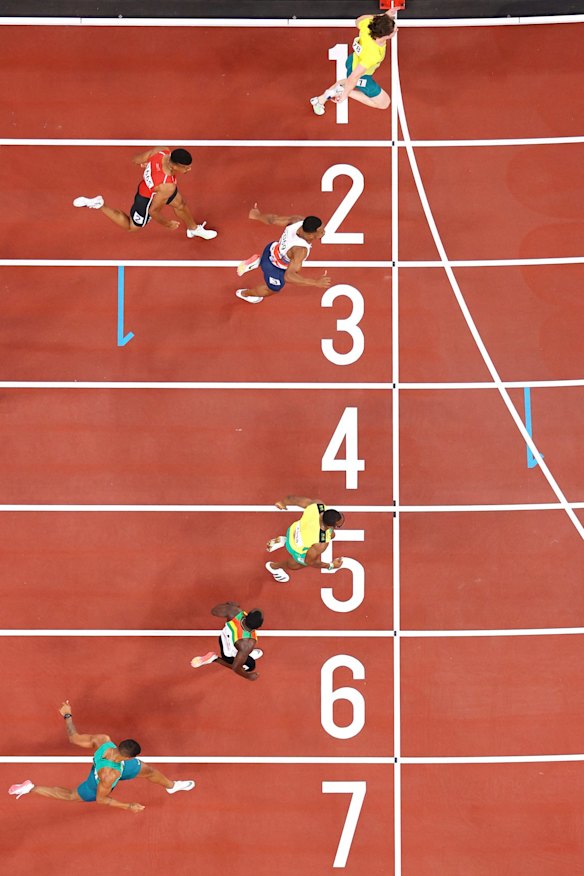 Rohan Browning wins his heat of the men’s 100 in Tokyo.